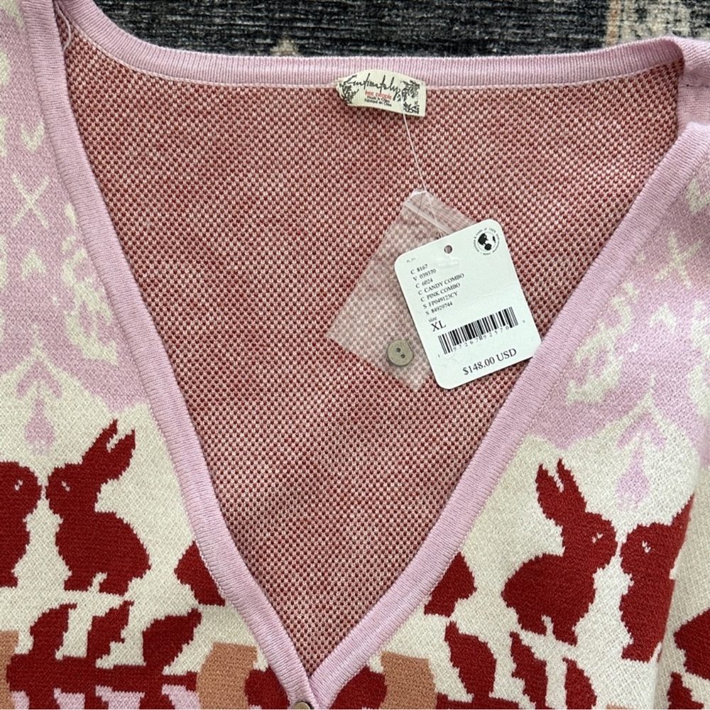 Free People Bunny Pink and Red Patterned V-Neck Cardigan - Picture 2 of 3